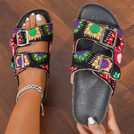 Shoeswoon Ethnic Pattern Double Buckle Flat Slides Birkenstock