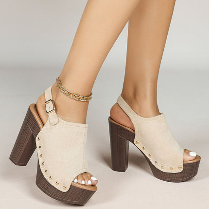 Shoeswoon Studded Peep Toe Wooden Platform Block Heel Slingback Sandals