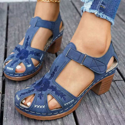 Shoeswoon Vintage Floral Embroidered Cutout Chunky Heel Closed Toe Sandals