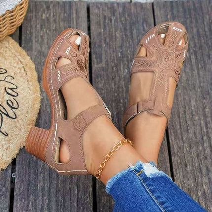 Shoeswoon Vintage Floral Embroidered Cutout Chunky Heel Closed Toe Sandals
