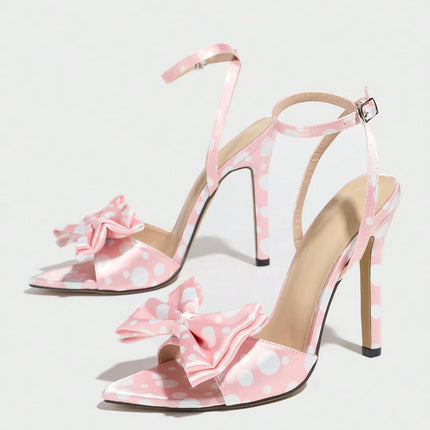 Shoeswoon Polka Dot Bow Stiletto Heel Ankle Strap Sandals