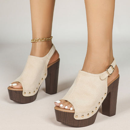 Shoeswoon Studded Peep Toe Wooden Platform Block Heel Slingback Sandals