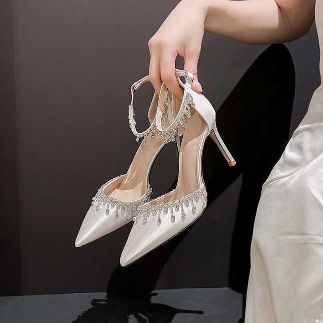 Shoeswoon Dainty Fringe Crystal Ankle Buckle Satin Wedding Stiletto Heels