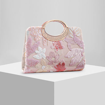 Shoeswoon Embroidered Floral Fabric Crystal Hoop Handle Formal Clutch