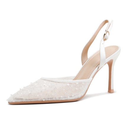 Shoeswoon Elegant Pearl-Embellished Mesh Pointed Toe Slingback Stiletto Heels