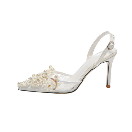Shoeswoon Elegant Pointed Toe Pearl Rhinestone Stiletto Slingback Heels