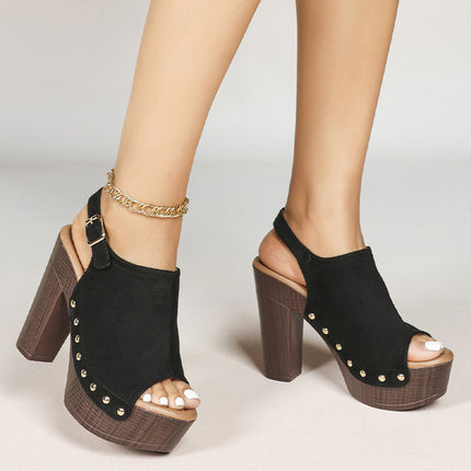 Shoeswoon Studded Peep Toe Wooden Platform Block Heel Slingback Sandals