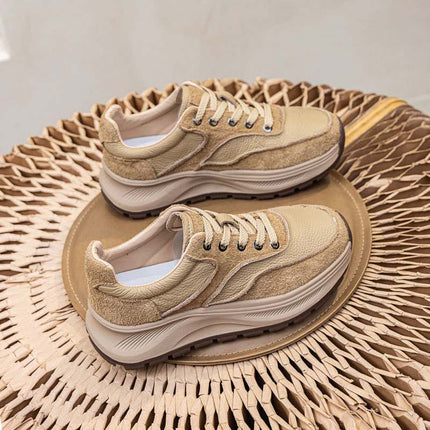 Shoeswoon Genuine Leather Patchwork Platform Lace Up Sneakers