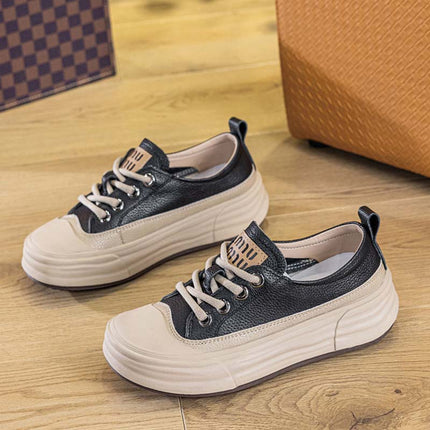 Shoeswoon Genuine Leather Platform Lace Up Casual Sneakers