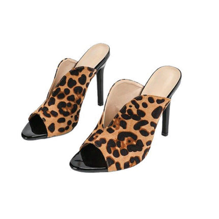 Shoeswoon Leopard Print Pointed Open Toe Stiletto Mule Slippers