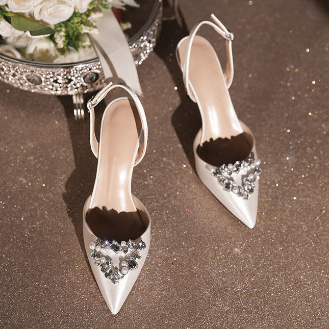 Shoeswoon Chic Pearl Crystal Accent Satin Pointed Toe Slingback Heels