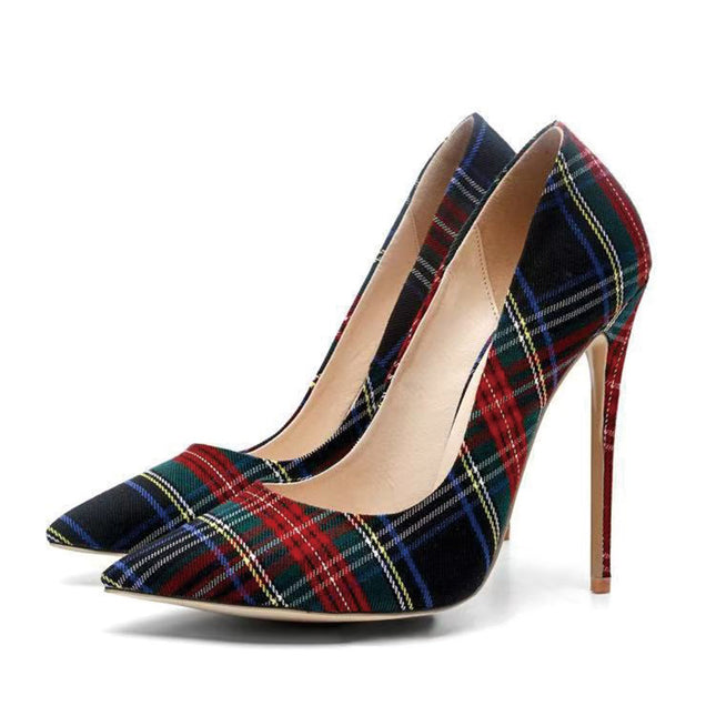 Shoeswoon Timeless Tartan Print Low-Vamp Pointed Toe Stiletto High Heels