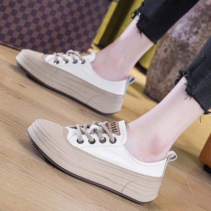 Shoeswoon Genuine Leather Platform Lace Up Casual Sneakers