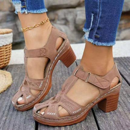 Shoeswoon Vintage Floral Embroidered Cutout Chunky Heel Closed Toe Sandals