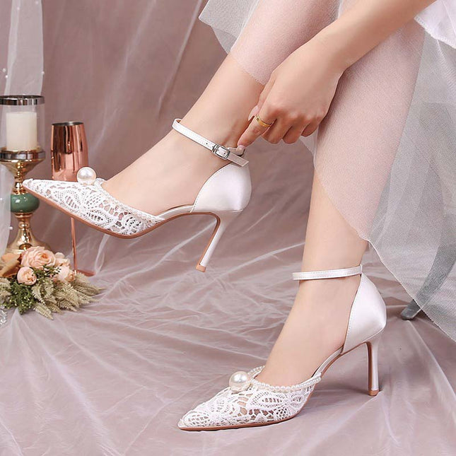 Shoeswoon Sheer Crochet Lace Single Pearl Ankle Buckle Bridal High Heels
