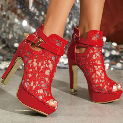 Shoeswoon Elegant Hollow Lace Peep Toe Ankle Strap Platform Booties