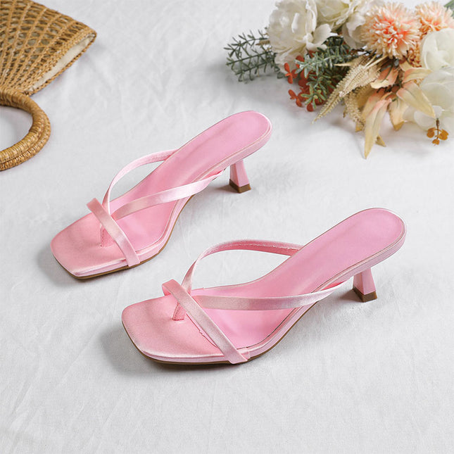 Shoeswoon Pink Chic Minimalist Square Toe Heeled Thong Sandals