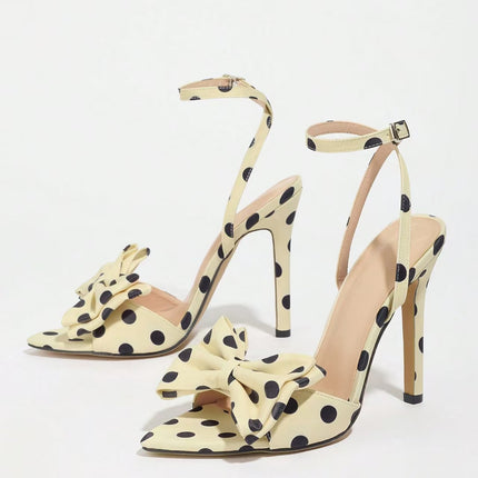 Shoeswoon Polka Dot Bow Stiletto Heel Ankle Strap Sandals