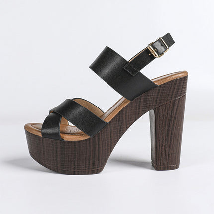 Shoeswoon Retro Two Strap Slingback Chunky Block Heel Wooden Look Platform Sandals