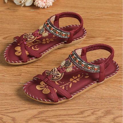Shoeswoon Ethnic Vintage Beaded Ankle Strap Summer Flat Sandals