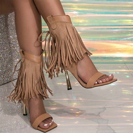 Shoeswoon Long Fringe Tassel Square Toe Metallic Stiletto Ankle Bootie Sandals