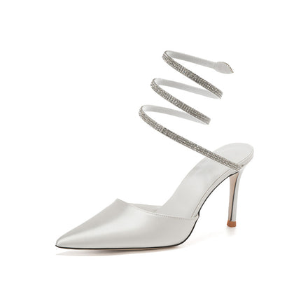 Shoeswoon Sleek Pointed Toe Rhinestone Wrap Around Stiletto Heels