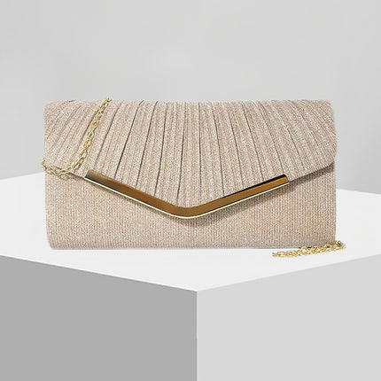 Shoeswoon Chic Pleated Glitter V-Shaped Metal Trim Evening Clutch