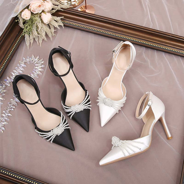 Shoeswoon Layered Pearl Design Ankle Buckle Wedding Stiletto High Heels