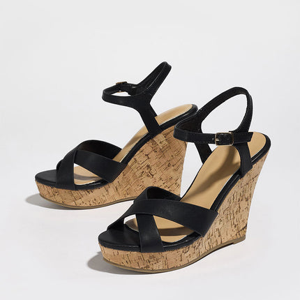 Shoeswoon Crisscross Strap Cork Platform Wedge Sandals