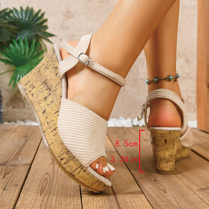 Shoeswoon Beige Casual Open Toe Adjustable Buckle Wedge Ankle Strap Sandals