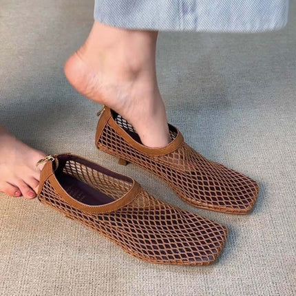 Shoeswoon Breathable Square Toe Slip On Kitten Heel Back Zip Mules