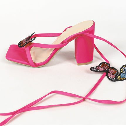 Shoeswoon Butterfly Lace-Up Block Heel Sandals
