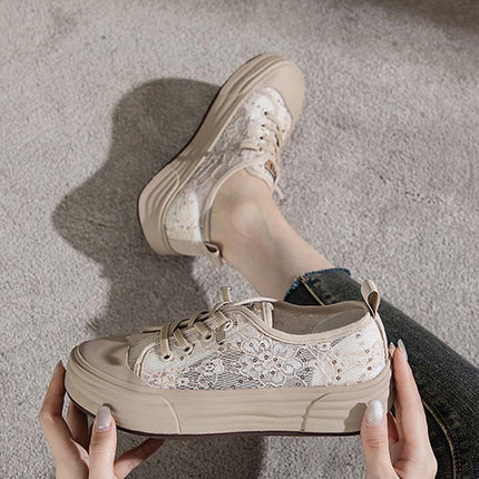 Shoeswoon Lace Sequin Mesh Platform Slip On Sneakers