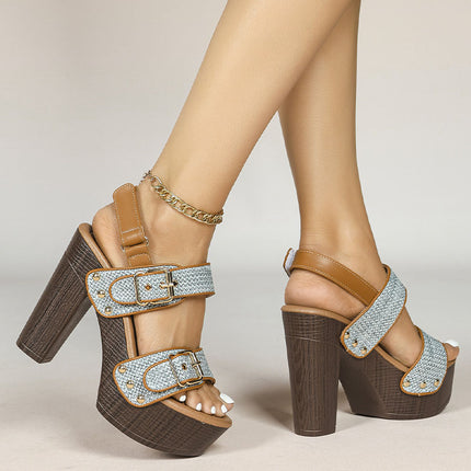 Shoeswoon Dual Buckle Raffia Wood Grain Platform Chunky Heel Slingback Sandals