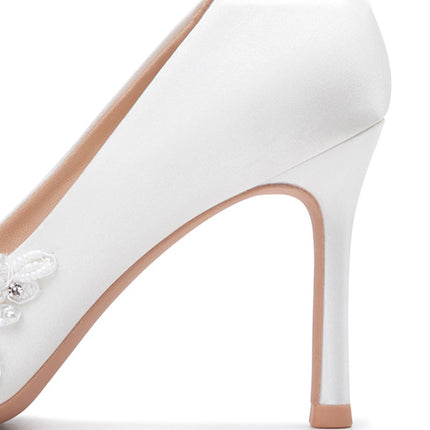 Shoeswoon Elegant Pearl Beaded Applique Satin Pointed Toe Stiletto Heels
