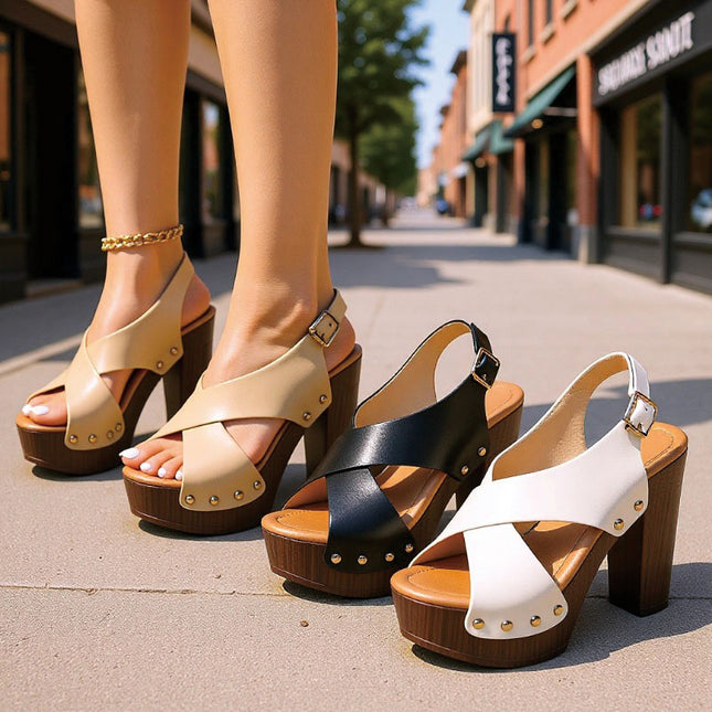 Shoeswoon Crisscross Open Toe Adjustable Ankle Buckle Chunky Platform Sandals