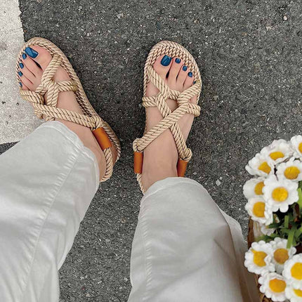 Shoeswoon Bohemian Woven Rope Crisscross Flat Sandals