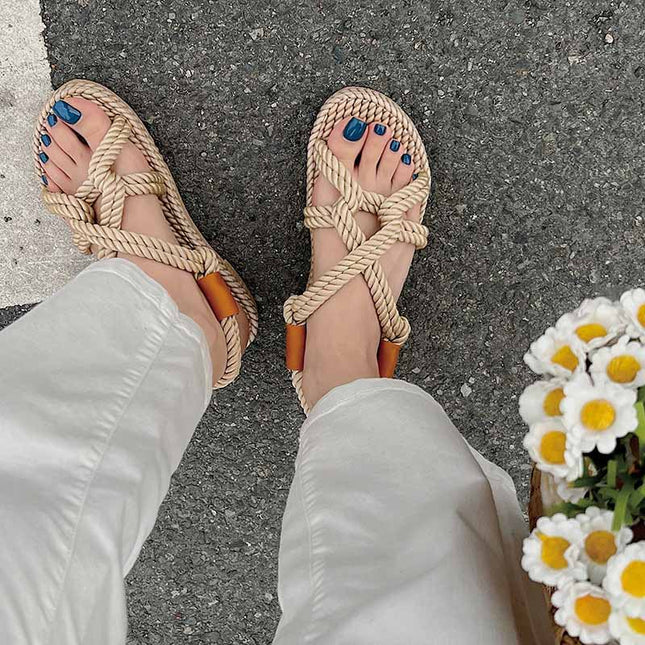 Shoeswoon Bohemian Woven Rope Crisscross Flat Sandals