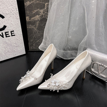 Shoeswoon Elegant Pointed Toe Floral Crystal Stiletto Slip On Heels