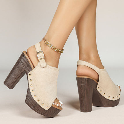Shoeswoon Studded Peep Toe Wooden Platform Block Heel Slingback Sandals