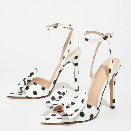 Shoeswoon Polka Dot Bow Stiletto Heel Ankle Strap Sandals