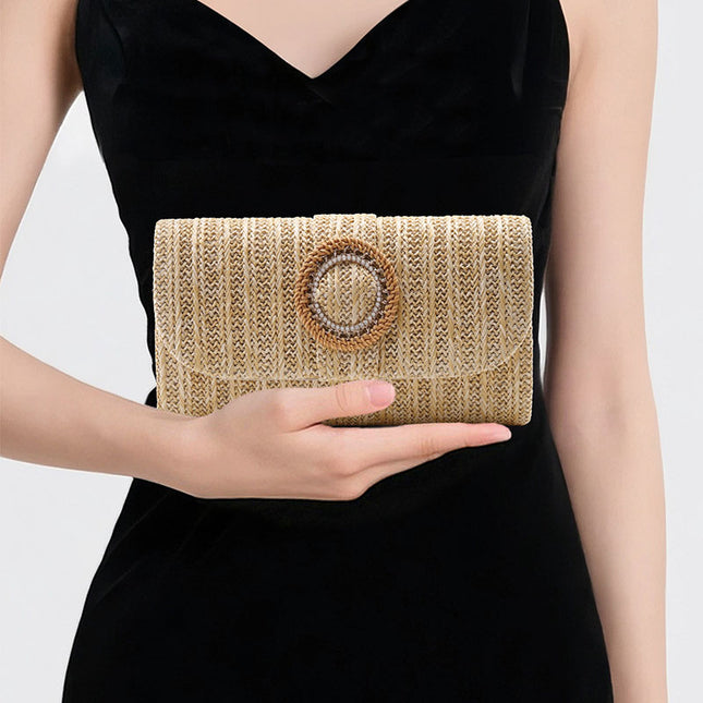 Shoeswoon Bohemian Straw Woven Envelope Clutch with Round Pearl Accent