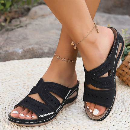 Shoeswoon Chic Hollow Embroidery Slip-On Summer Wedge Slippers