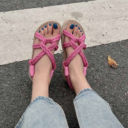 Shoeswoon Bohemian Woven Rope Crisscross Flat Sandals