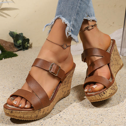 Shoeswoon Brown Casual Adjustable Buckle Open Toe Wedge Slide Sandals