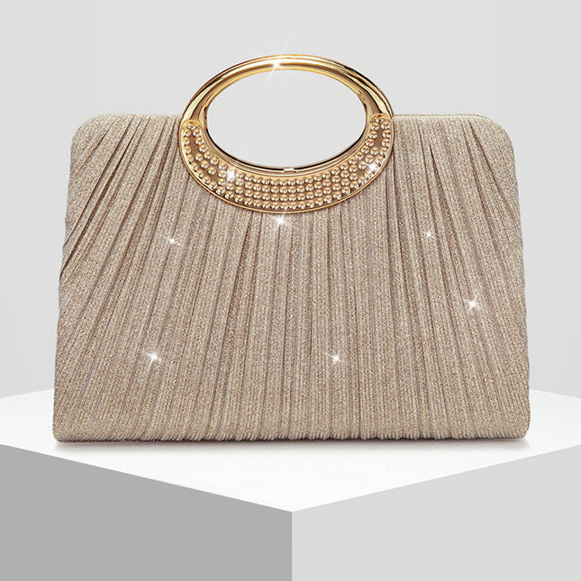 Shoeswoon Pleated Glitter Rhinestone Ring Handle Evening Clutch