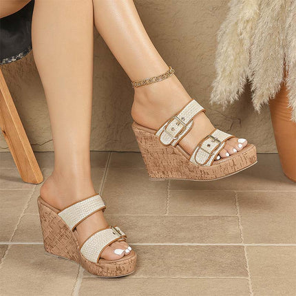 Shoeswoon Two Band Raffia Buckle Detail Cork Platform Wedge Slide Sandals