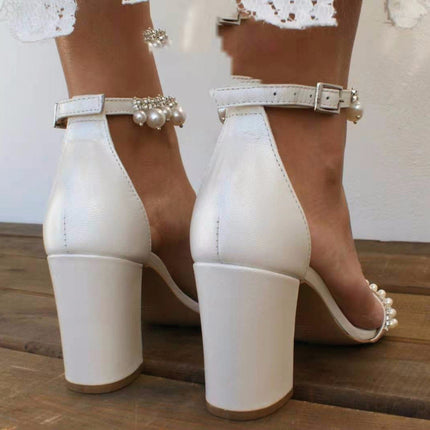 Shoeswoon Bridal Pearl Rhinestone Open Toe Chunky Heel Sandals