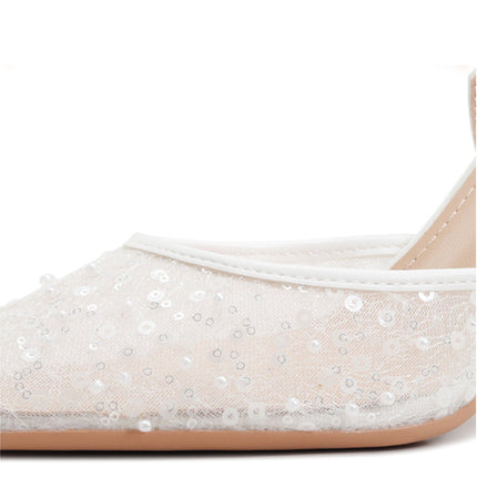 Shoeswoon Elegant Pearl-Embellished Mesh Pointed Toe Slingback Stiletto Heels