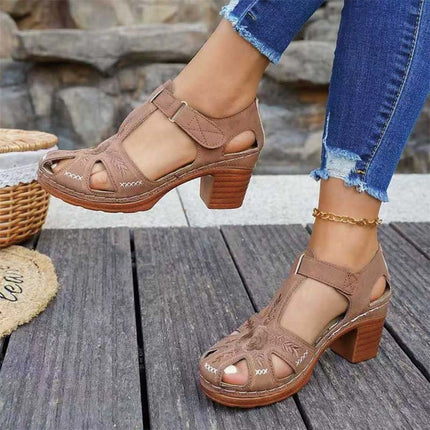 Shoeswoon Vintage Floral Embroidered Cutout Chunky Heel Closed Toe Sandals